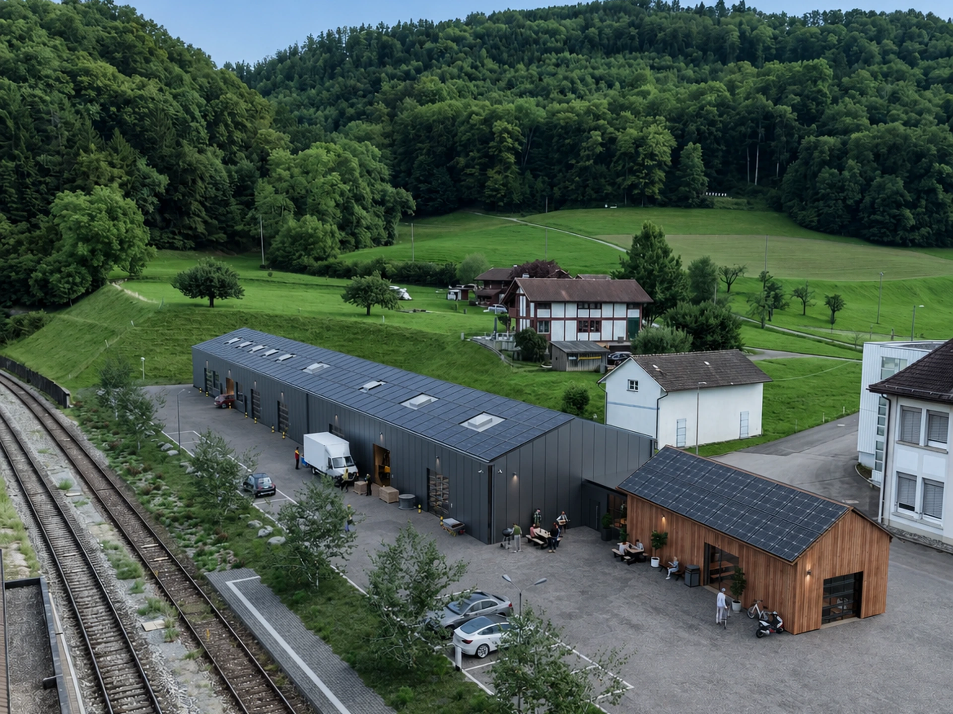 Das Areal aus der Luft: die Langhalle mit Sektionaltoren, ein Lieferwagen an einem offenen Tor, rechts der Güterschopf in Holz mit Photovoltaik, im Vordergrund die Bahngleise