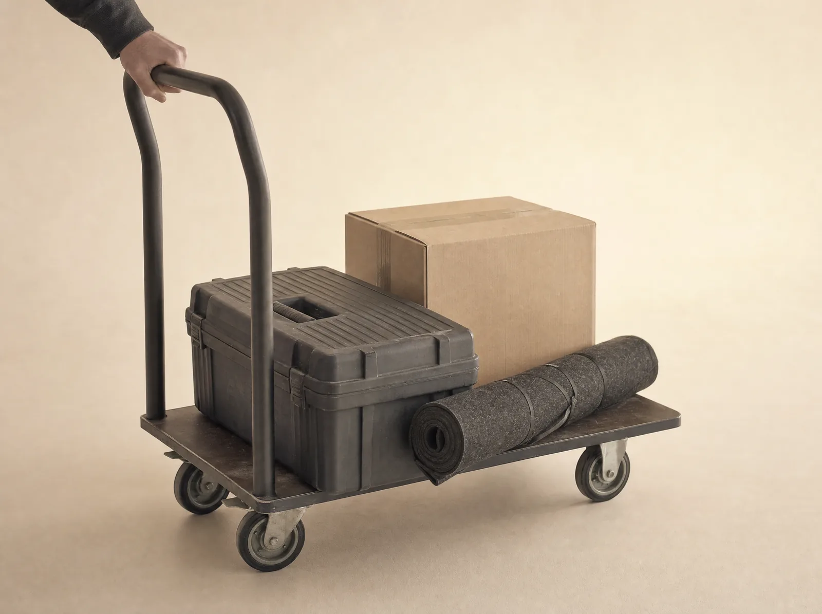 Transportwagen mit Werkzeugkoffer, Karton und eingerollter Arbeitsmatte.