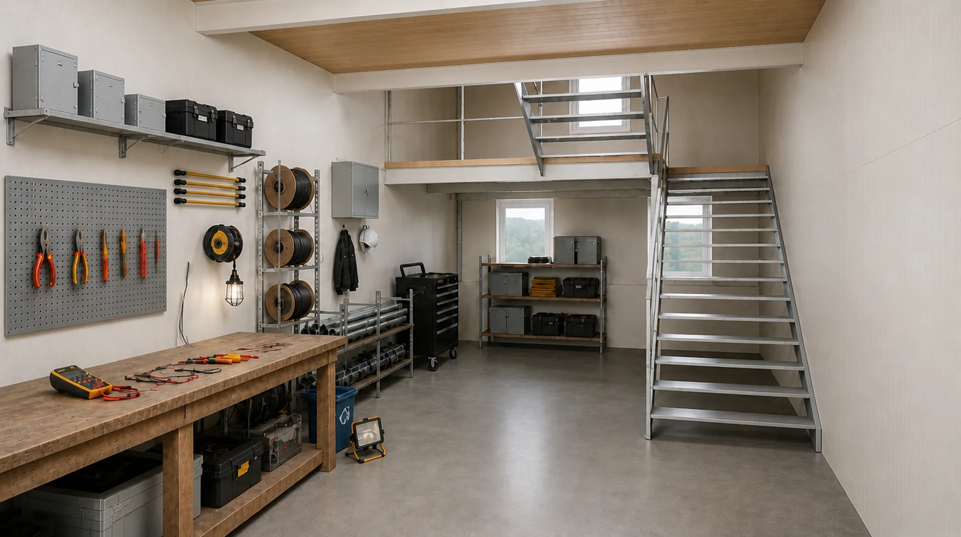 Werkstatt mit Werkbank, Kabeltrommeln und Werkzeugwänden, an der Seite eine Treppe zu einer kleinen Galerie