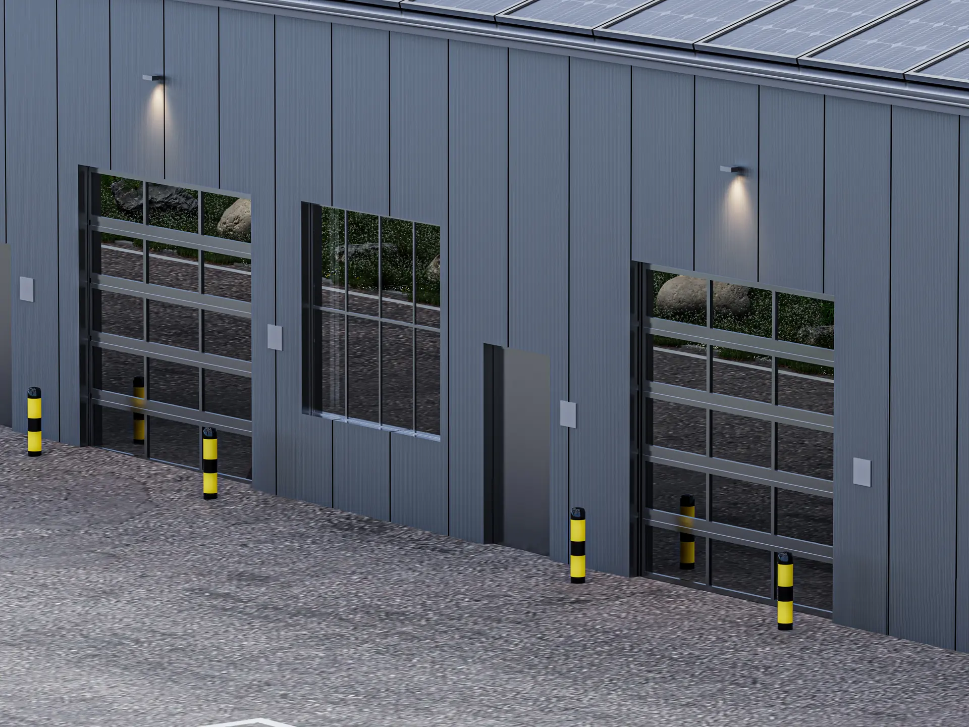 Die Fassade bei Gewerberaum 6: Tor beziehungsweise Türe mit Fensterfront, Prallschutzpfosten und Hofbelag davor