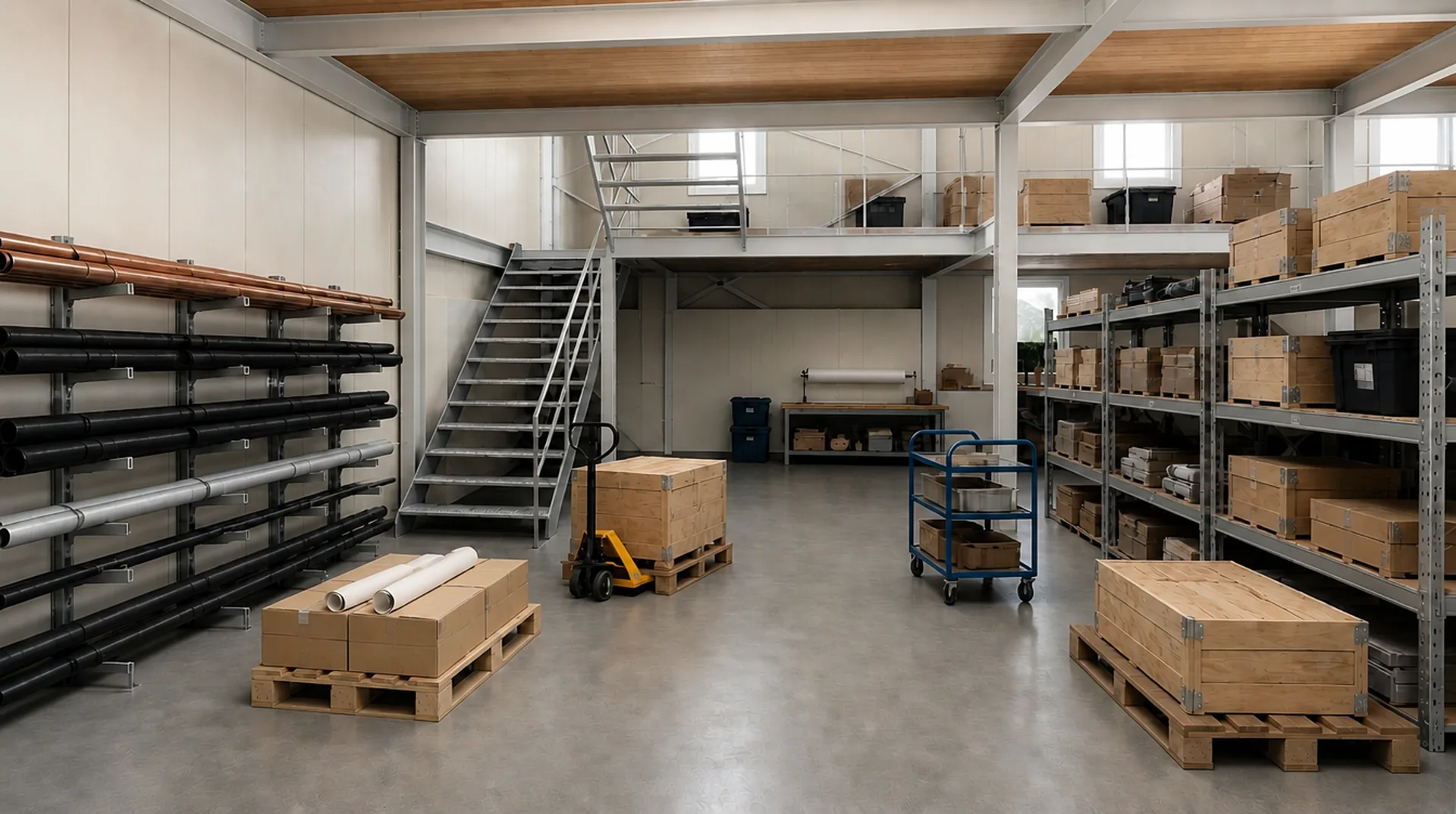 Lagerfläche mit Regalen, Kisten auf Paletten und einem Hubwagen, im Hintergrund eine Galerie mit Treppe