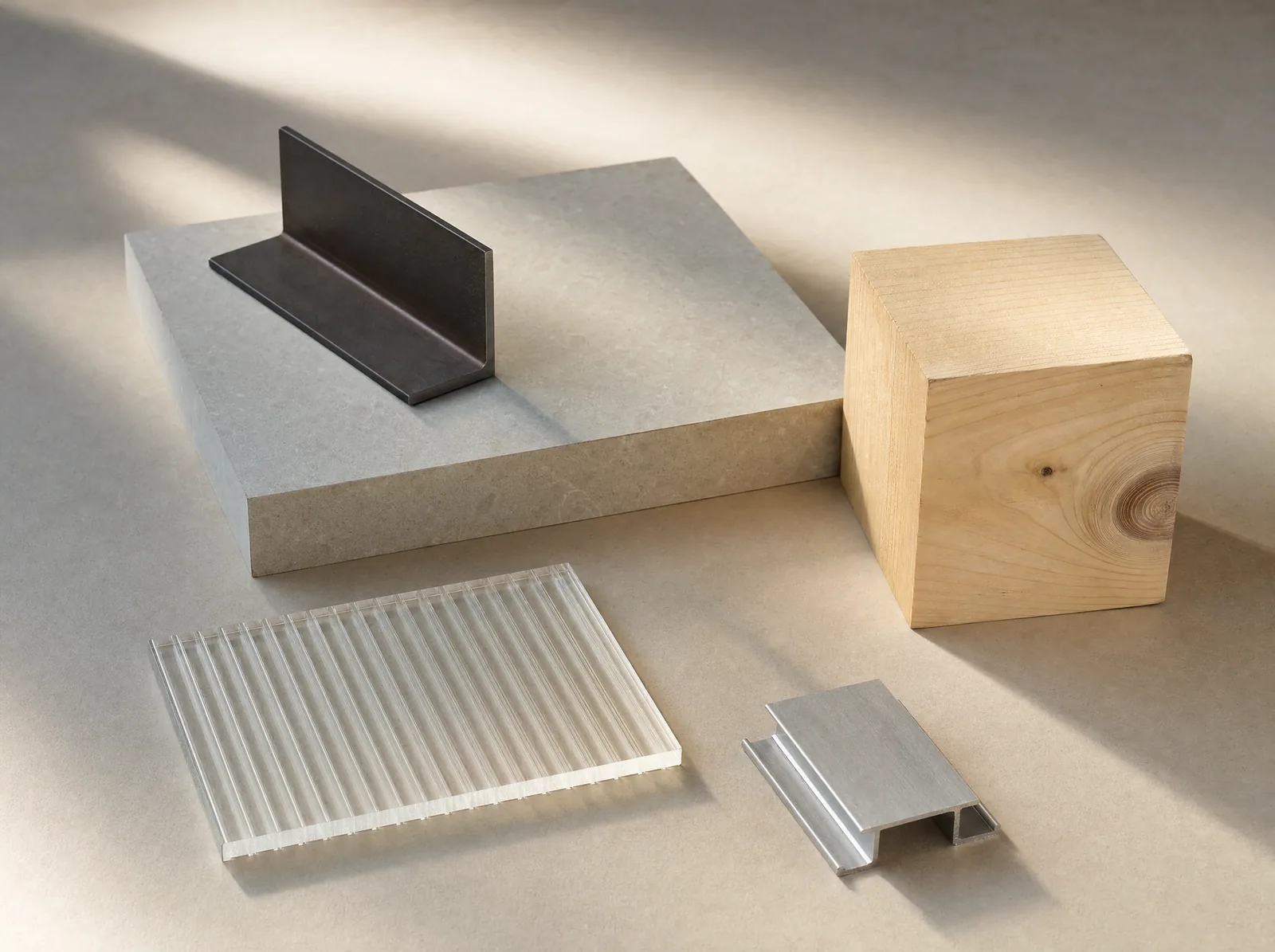 Materialkomposition aus Holz, Metall, mineralischer Platte und transluzentem Element.