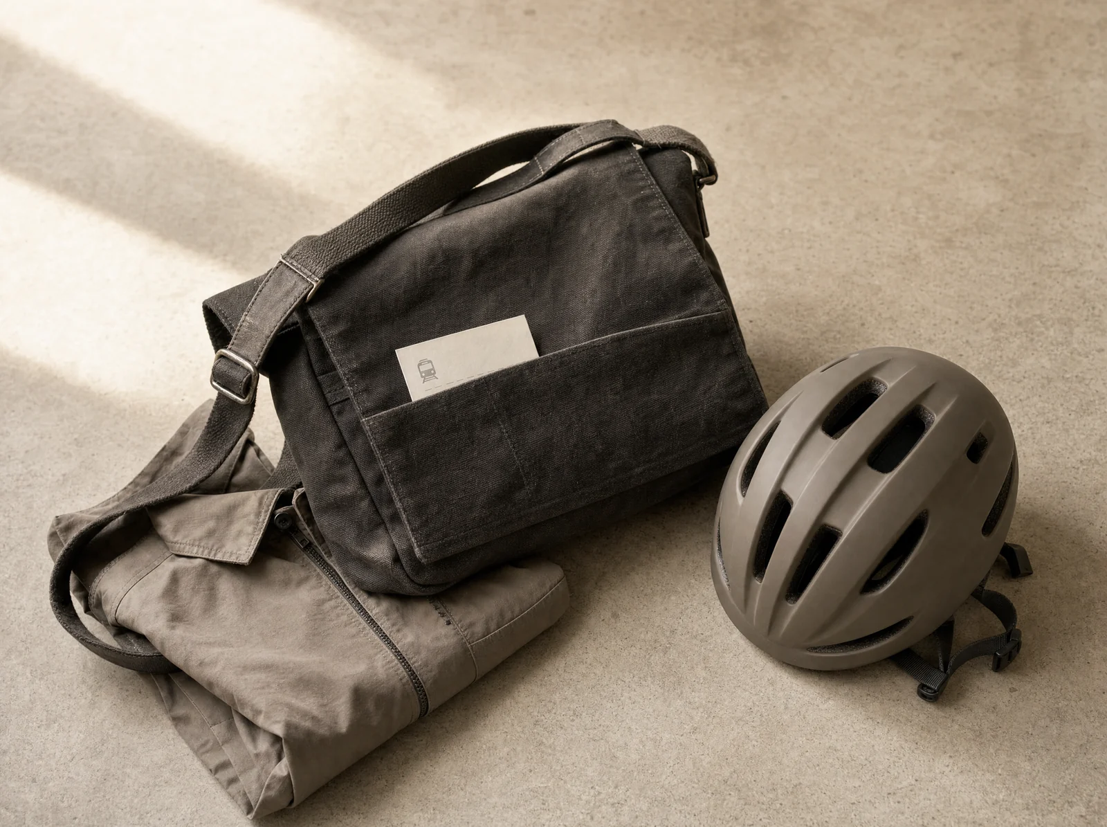 Arbeitstasche, Velohelm und Fahrkarte als Motiv für den täglichen Arbeitsweg.