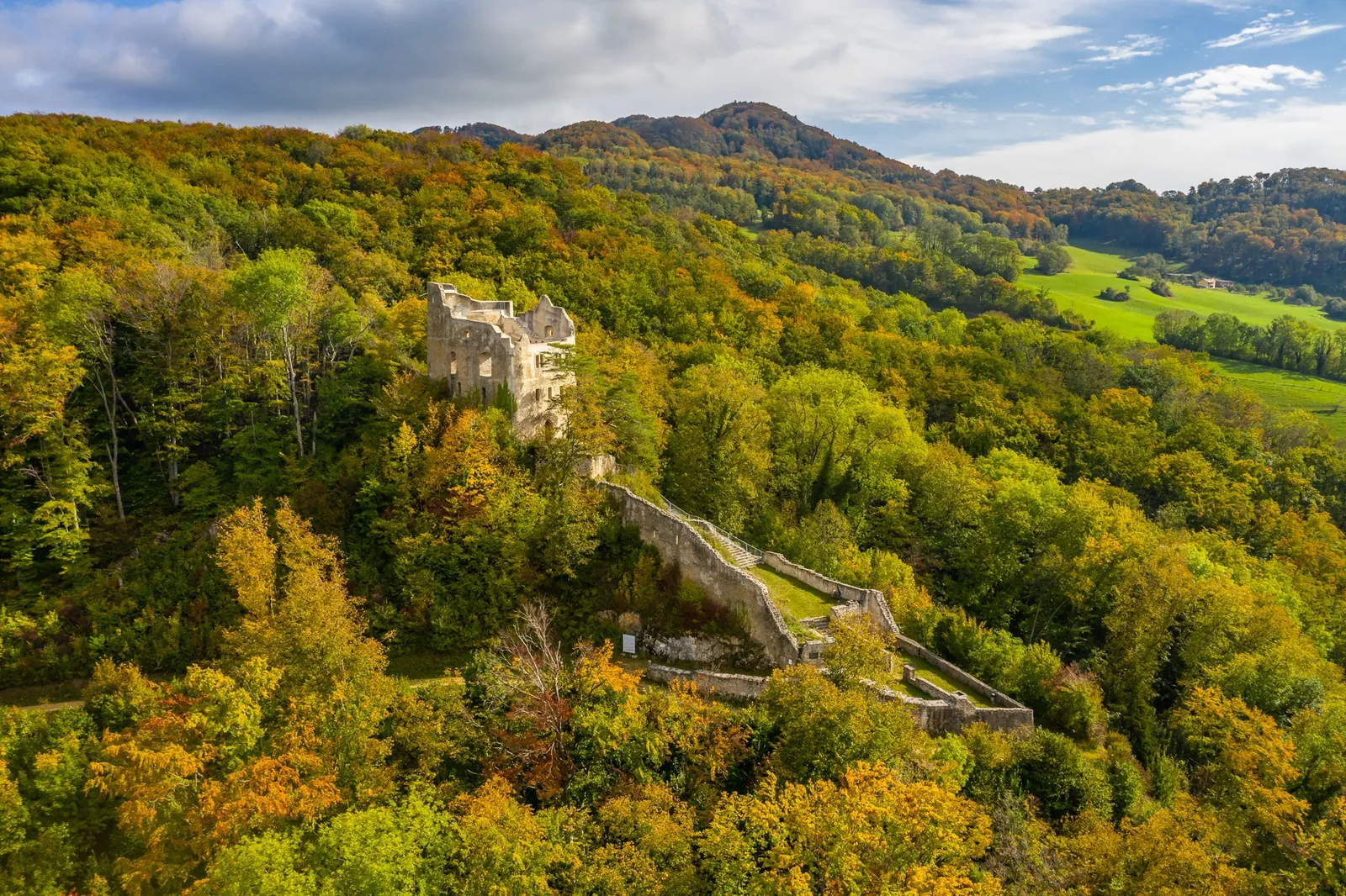 Die Burgruine Homburg aus der Luft, umgeben vom herbstlichen Wald über Läufelfingen