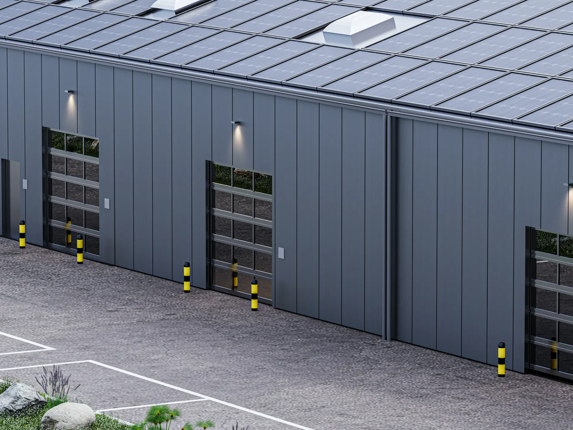Die Fassade bei Gewerbehalle 4: Sektionaltor mit transluzenten Füllungen, Prallschutzpfosten und Hofbelag davor