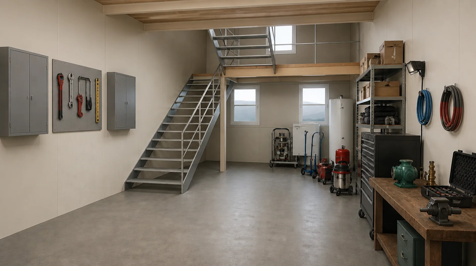 Werkstatt mit Werkbank und Regalen, im Vordergrund Materialien, im Hintergrund eine Treppe zu einer kleinen Galerie