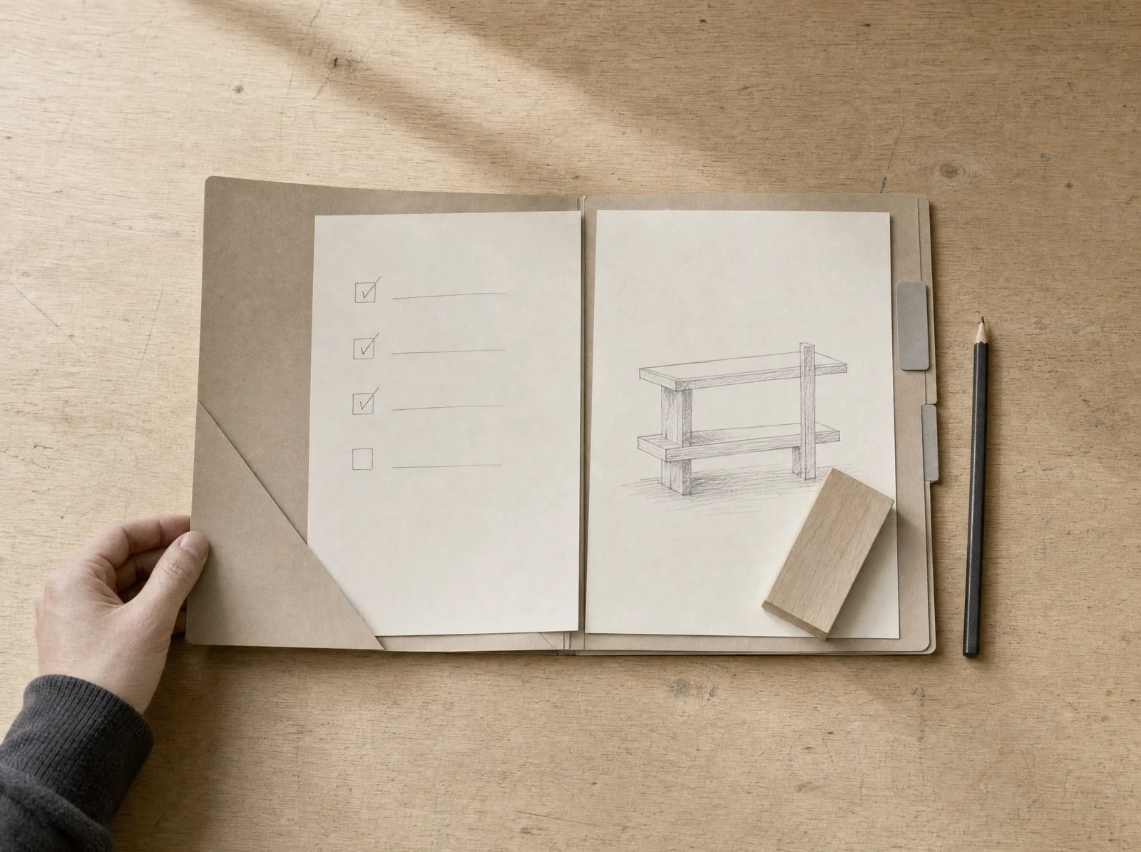 Vorbereitete Projektmappe mit Checkliste, Werkstückskizze und Materialmuster.