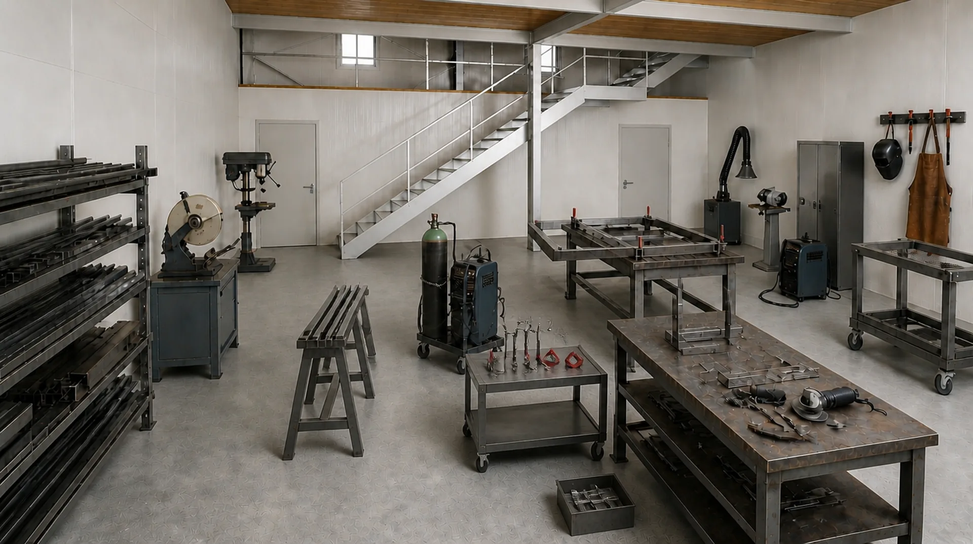 Werkstatt mit Metallregalen, Schweissarbeitsplatz und Werktischen, im Hintergrund eine Galerie mit Treppe
