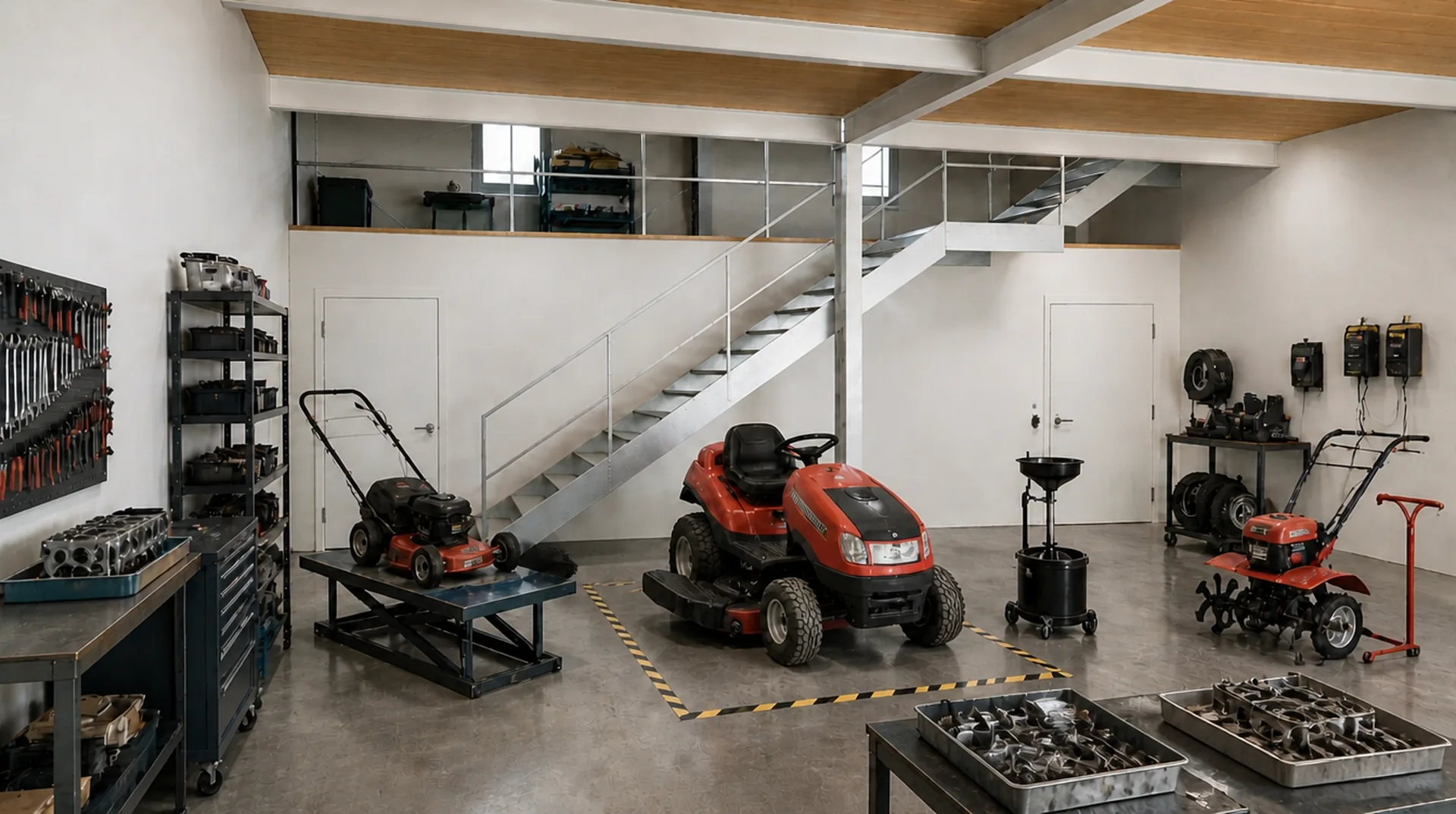 Werkstatt mit einem Aufsitzmäher und weiteren Maschinen in der Mitte, Werkzeugwänden und einer Galerie im Hintergrund