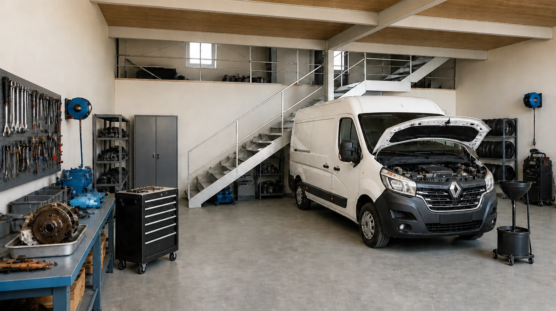 Werkstatt mit einem weissen Lieferwagen mit geöffneter Motorhaube, dahinter Regale und eine Galerie mit Treppe