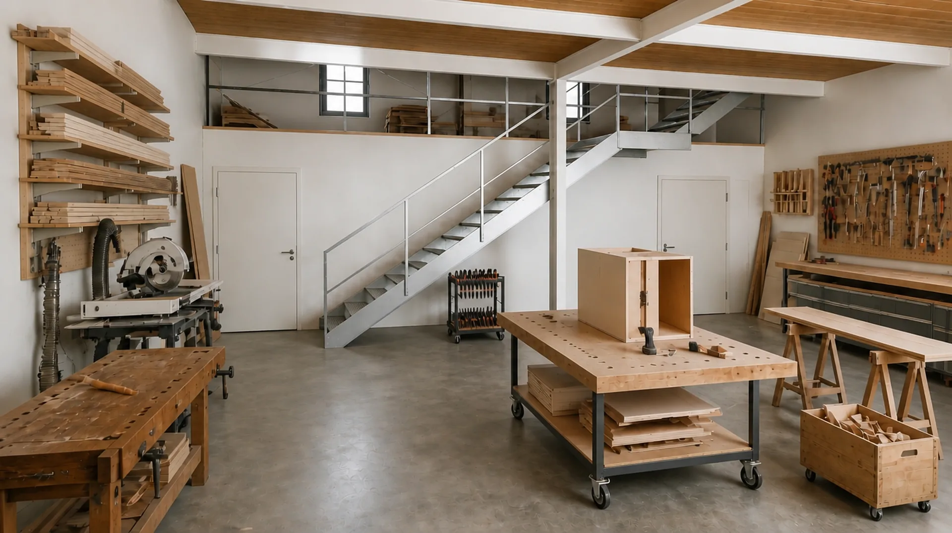 Eingerichtete Werkstatt mit Hobelbänken, Maschinen und Werkzeugwänden, im Hintergrund eine Galerie mit Treppe